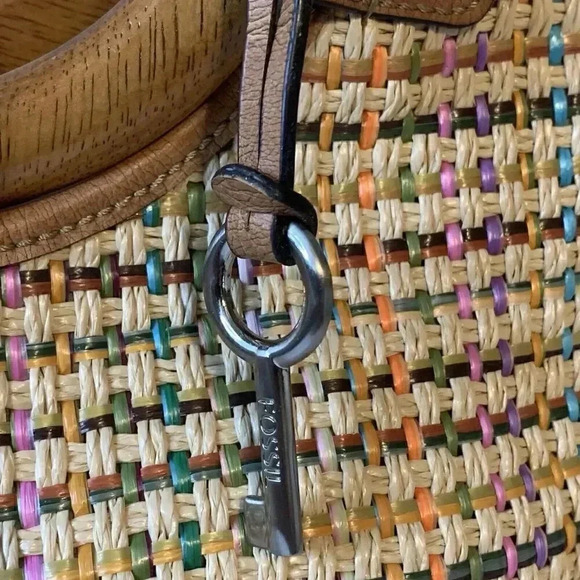 Vtg Fossil Pastel Basket‎ Weave Straw Wood Handle Leather Trim Bag (No Strap) - Picture 8 of 13